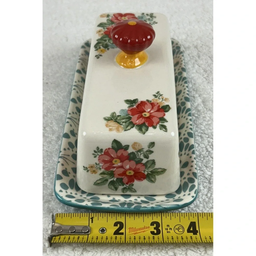 Pioneer Woman Single Stick Butter Dish Vintage Floral Stoneware Teal Red Ivory